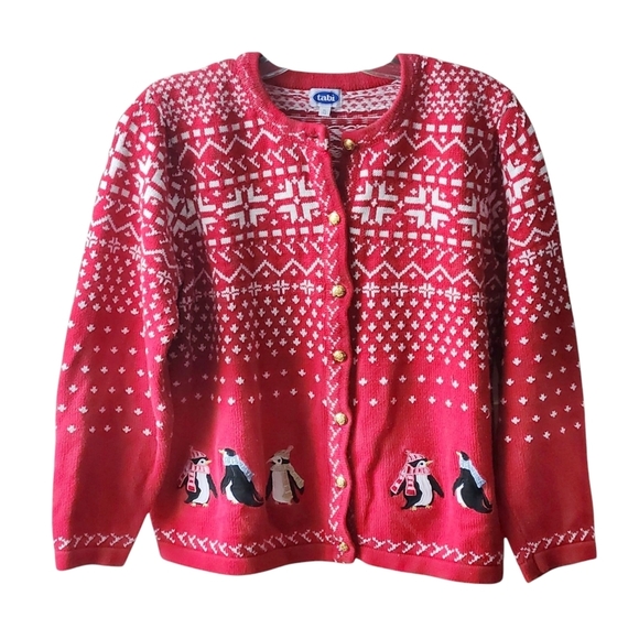Vintage Holiday Cardigan Women XL Red Sweater Penguin Scandinavian Nordic - Picture 1 of 13